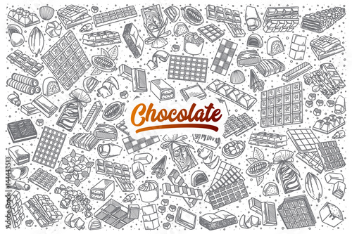 Hand drawn Chocolate doodle set background with orange lettering in vector