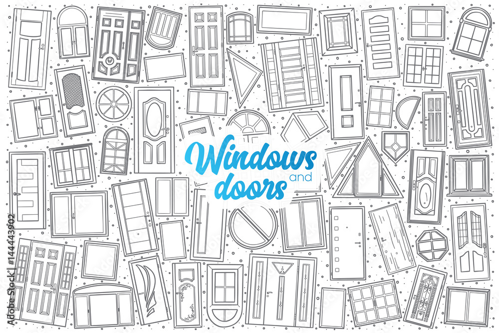Hand drawn Windows and doors doodle set background with blue lettering in vector