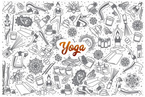 Hand drawn Yoga doodle set background with orange lettering in vector