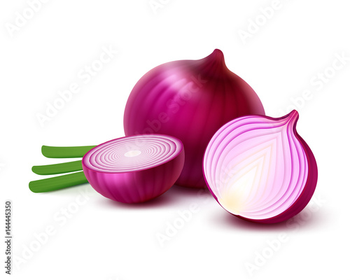 Vector Fresh Whole and Sliced Red Onion Bulbs with Chopped Green Onions Close up Isolated on White Background