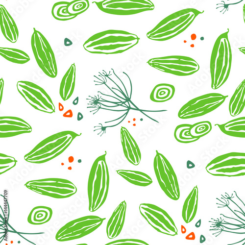 Seamless pattern with pickles cucumbers, onion, garlic and dill.