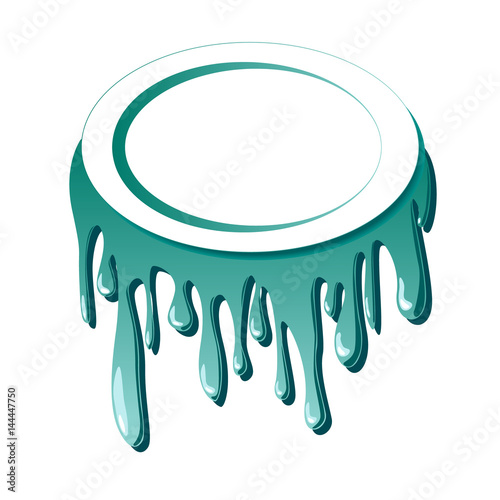 The paint of green color flows in jets and drops on a white background and there is free space for text