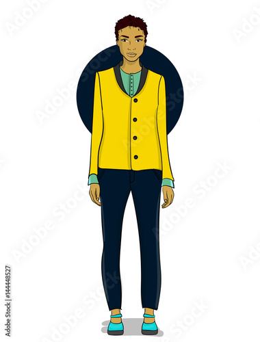 A dark-haired girl with coarse hair is dressed in a yellow jacket and dark blue pants stands on a white background eps 10 illustration