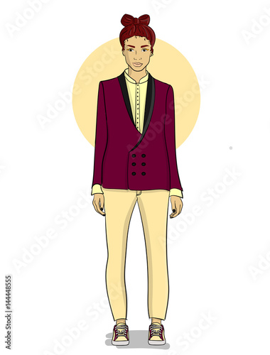 A girl in a purple tuxedo and in beige pants stands on a white background eps 10 illustration