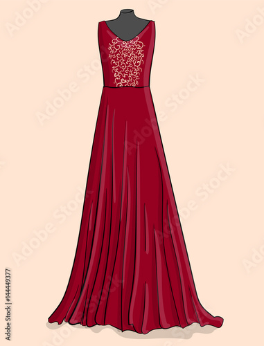 Purple long dress with beige lace on the corset on a beige background eps 10 illustration