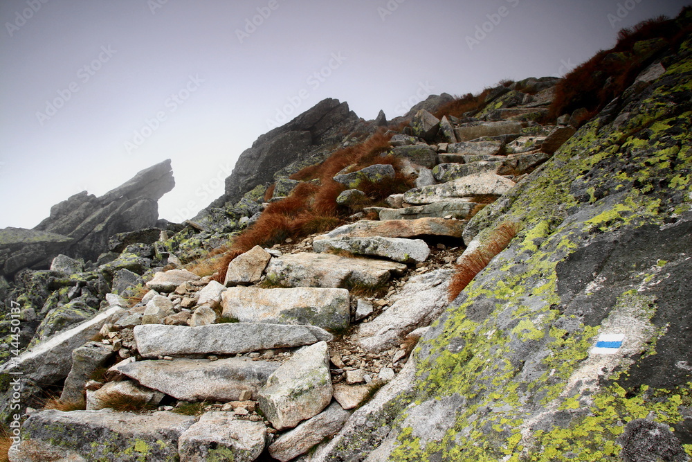 Φωτογραφία Rough stone stairs on a waymarked trail lead into the unknown in the autumn fog on a rocky mountain slope