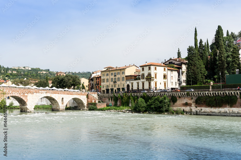 Fototapeta premium Verona, ITALY - September 3, 2016. Beautiful street view of Verona center. Shakespeare's plays are set in Verona: Romeo and Juliet, The Two Gentlemen of Verona, and The Taming of the Shrew.