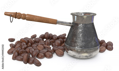 3d illustration metal Turk and coffee beans