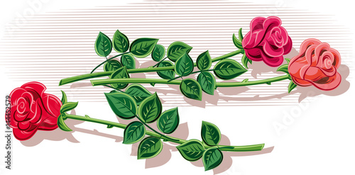 Three roses with their stem and leaves, resting on a floor.