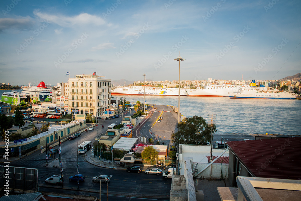 Greece, Athens, August 2016, Pireus Harbor view from top of the building. Big transportation ship