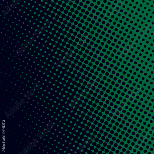 Gradient halftone dots background. Pop art template. Dark blue and green texture. Vector illustration