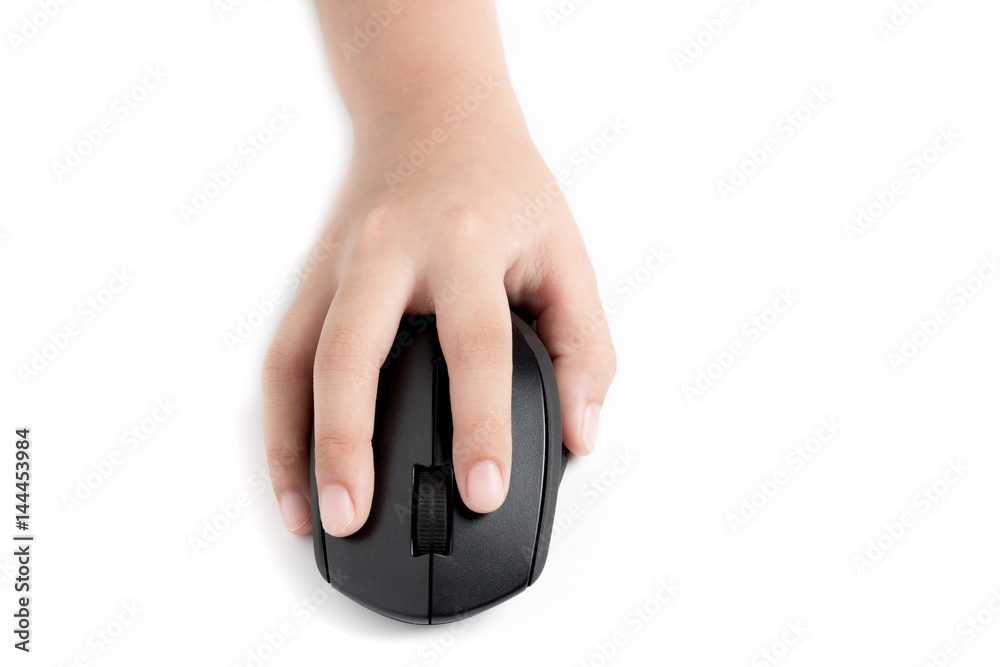 Hand child clicking wireless mouse. isolate on White Background Hand child clicking wireless mouse. isolate on White Background
