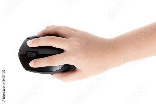 Hand child clicking wireless mouse. isolate on White Background