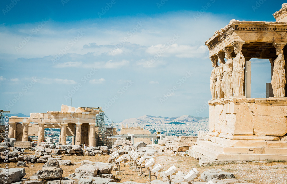 Greece, Athens, August 2016, The Acropolis of Athens, ancient citadel located on an extremely rocky outcrop above the city of Athens. Old Temple of Athena