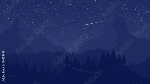 Mountain Landscape Illustration at Night with Stars