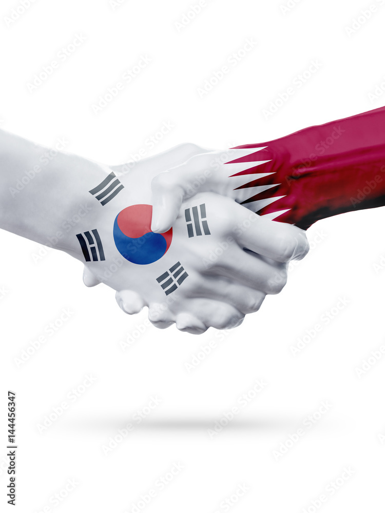 Flags South Korea, Qatar countries, partnership friendship handshake concept. Flags South Korea, Qatar countries, partnership friendship handshake concept.