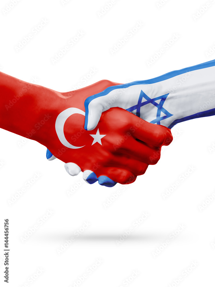 Flags Republic of Turkey, Israel countries, partnership friendship handshake concept. Flags Republic of Turkey, Israel countries, partnership friendship handshake concept.
