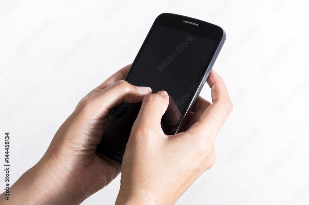 Girl using smartphone in hand.