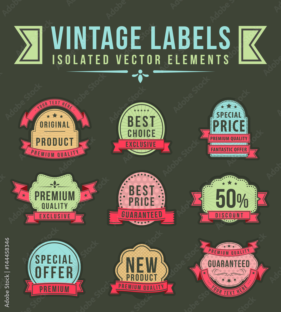 Vintage High Quality Labels with Ribbons on Dark Background . Vector Isolated Illustration