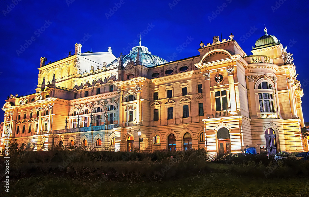 Juliusz Slowacki Theater in evening Krakow