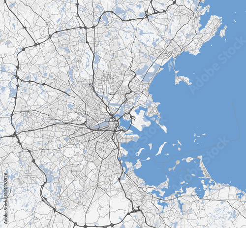 Black and white map of Boston city. Massachusetts Roads