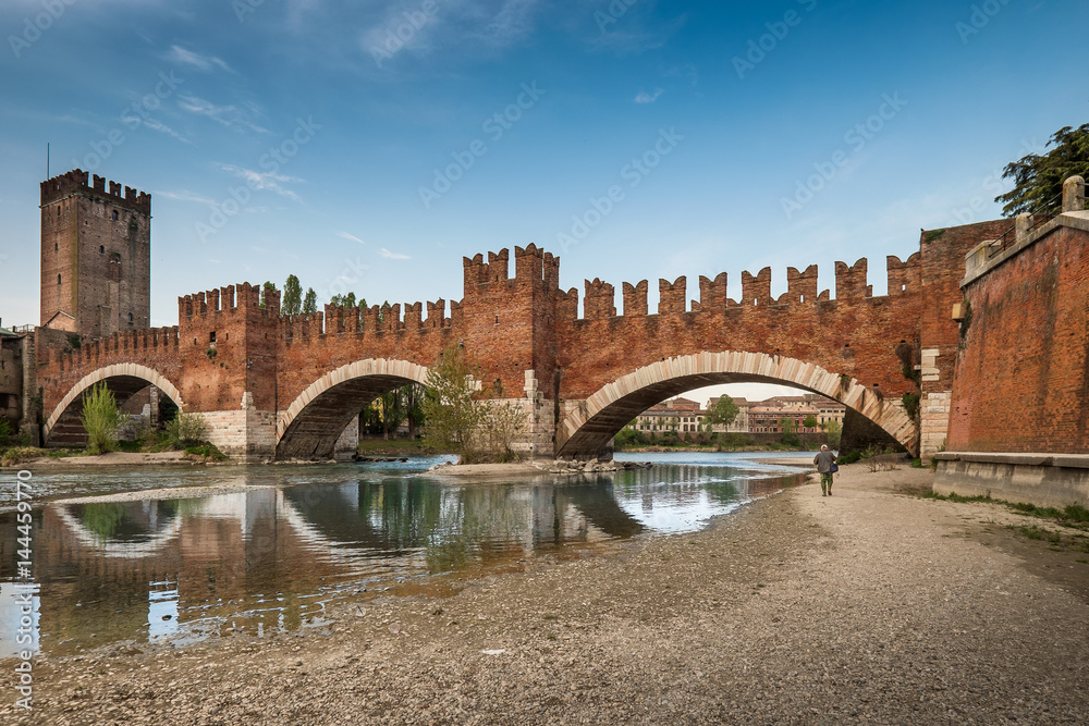 Verona, Italy. Detail of medieval stone bridge of Ponte Scaligero, over Adige River, built in 14th century near Castelvecchio