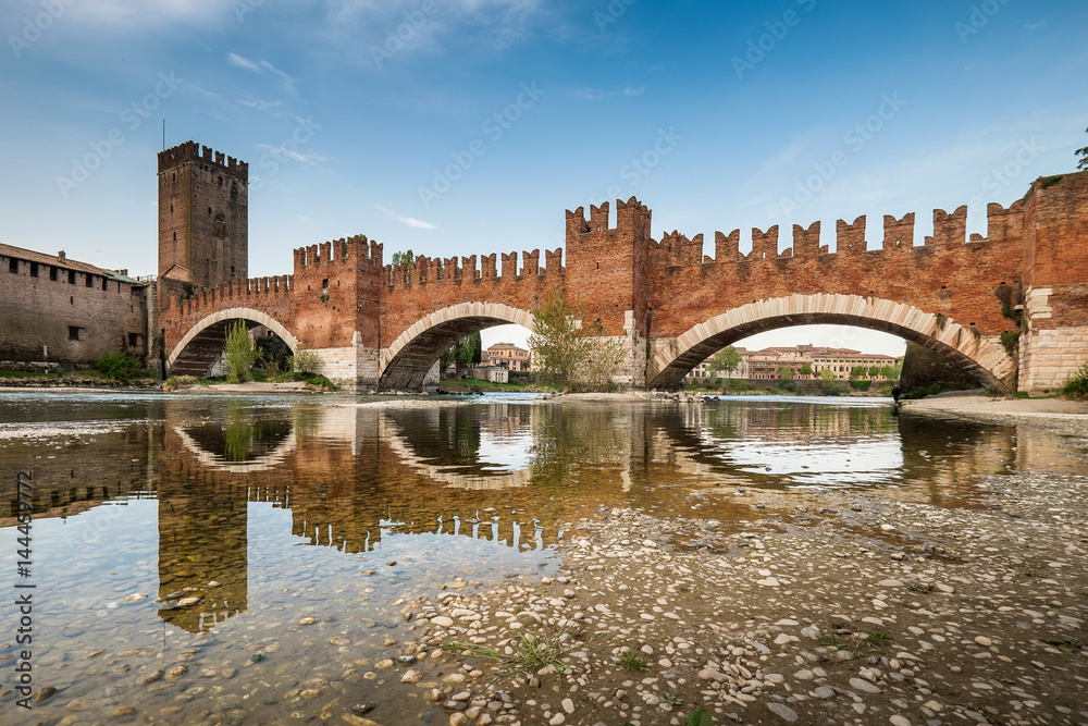 Verona, Italy. Detail of medieval stone bridge of Ponte Scaligero, over Adige River, built in 14th century near Castelvecchio