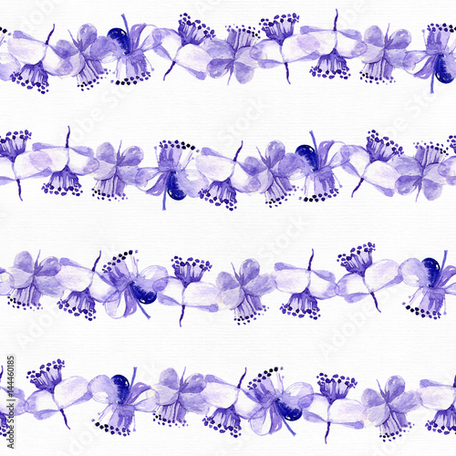 Vivid raster illustration with tea tree flowers, hand drawn in seamless pattern. Design based on horizontal lines on white watercolor paper. Blue watercolor illustration drawn with ink and brush