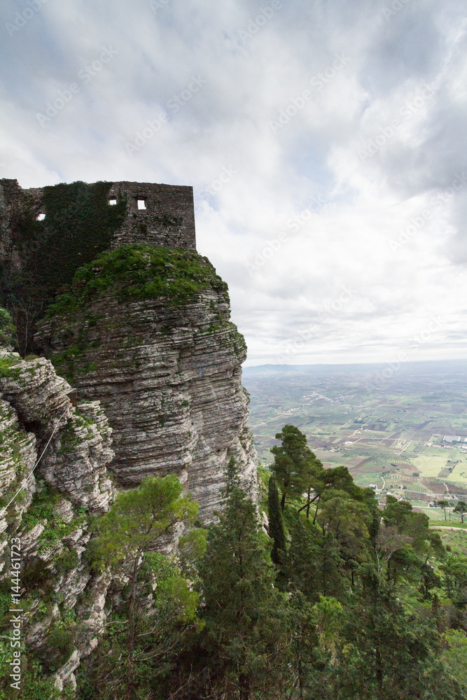 Castle dedicated to goddess Venus, on Erice mountain. In the background the plain of the province of Trapani, Sicily, Italy