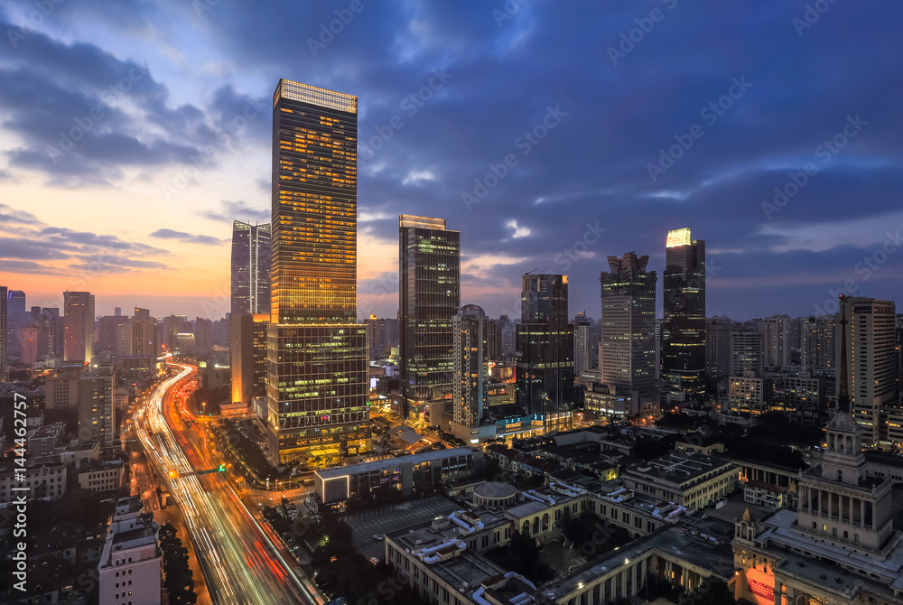 Aerial view of Shanghai cityscape and skyline at sunset