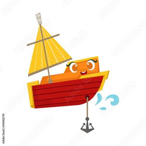 Orange And Red Sailing Boat With An Anchor, Cute Girly Toy Wooden Ship With Face Cartoon Illustration