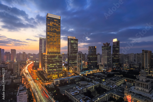 Aerial view of Shanghai cityscape and skyline at sunset