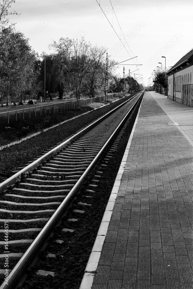 Empty railroad track station in black and white