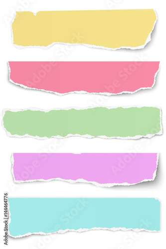 Set of elongated tattered different colors paper scraps isolated on white background