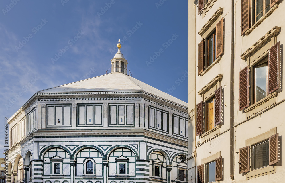 Beautiful view of the famous Baptistery of San Giovanni in front of the cathedral of Santa Maria del Fiore, Florence, Italy