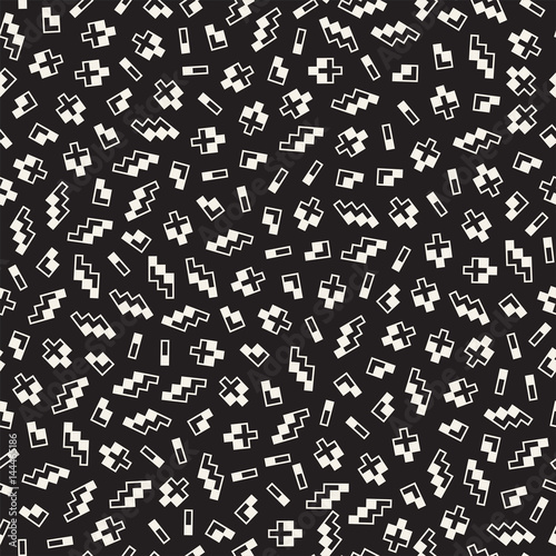 Seamless primitive jumble minimalism patterns. Randomly scattered geometric shapes. Abstract retro backgroun