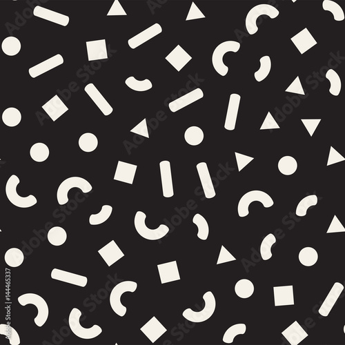 Seamless primitive jumble minimalism patterns. Randomly scattered geometric shapes. Abstract retro backgroun