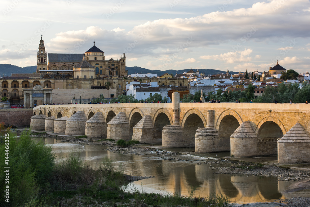 Cordoba, Spain view of the Roman Bridge and Mosque-Cathedral on the Guadalquivir River.