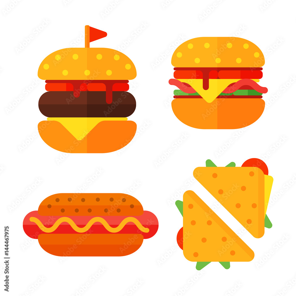 Set of colorful cartoon fast food icons isolated restaurant tasty american cheeseburger meat and unhealthy burger meal vector illustration.