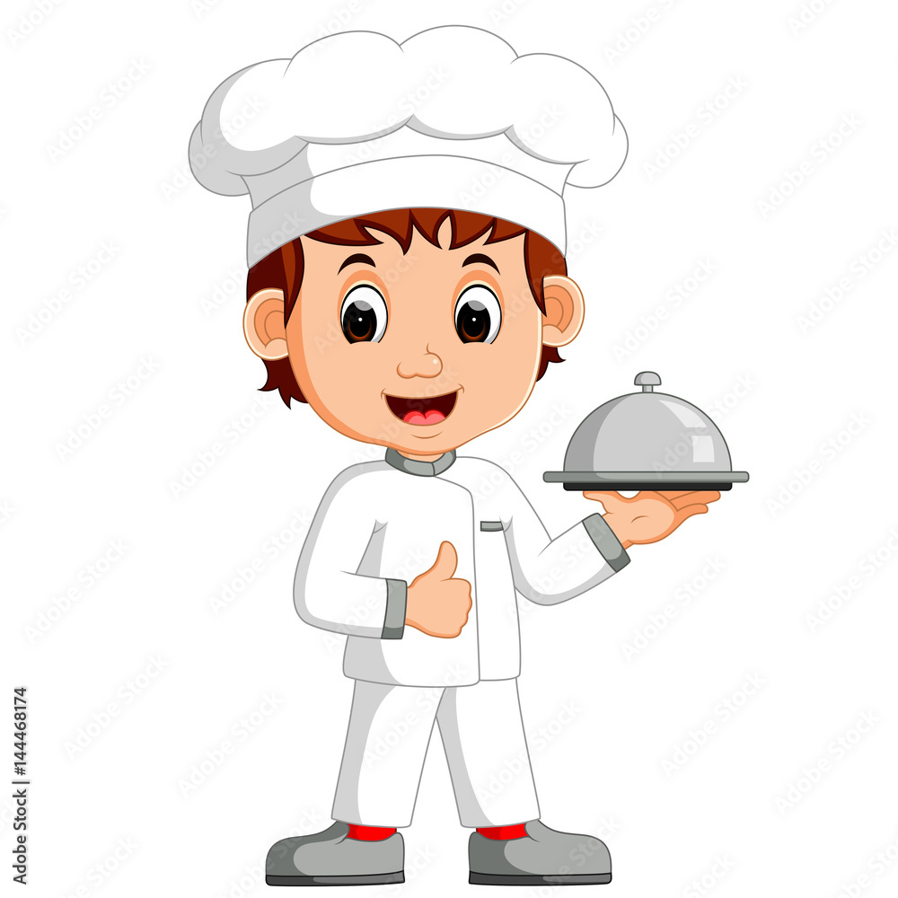 Cartoon funny chef holding a silver platter Cartoon funny chef holding a silver platter