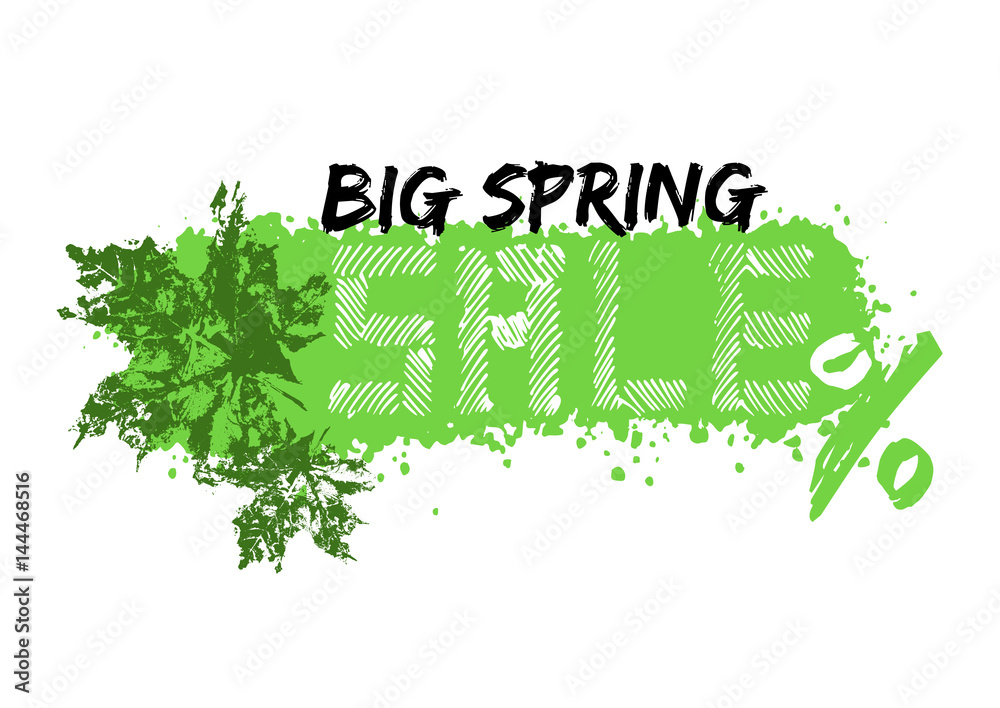Grunge sale poster with green spring splash, prints of maple leaves and  stylized captions on white background. Vector illustration Stock Vector |  Adobe Stock