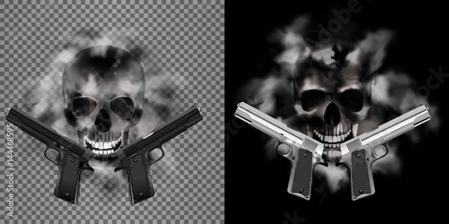 human skull in the smoke with gun