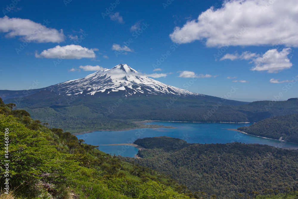 view of a volcano of Llaima and the lake in Conguillio National Park in Chile