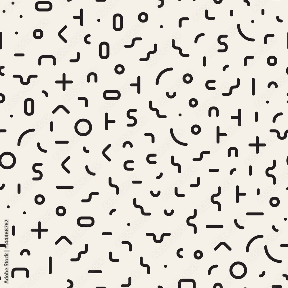 Scattered Geometric Shapes. Inspired by Memphis Style. Abstract Background Design. Vector Seamless Black and White Irregular Pattern. Scattered Geometric Shapes. Inspired by Memphis Style. Abstract Background Design. Vector Seamless Black and White Irregular Pattern.