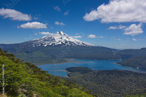 view of a volcano of Llaima and the lake in Conguillio National Park in Chile