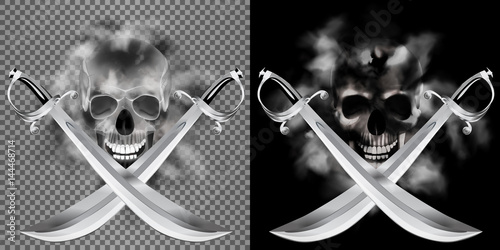 human skull in the smoke with a pirate saber