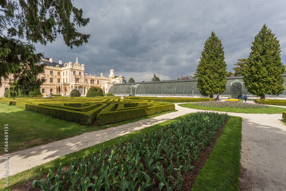 State chateau and greenhouse Lednice, spring in South Moravia, Czech republic
