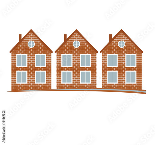 Brick  houses vector illustration, home image with horizon line. Touristic and real estate creative emblem, cottages front view.