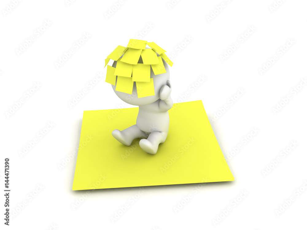 3D Character with many yellow post it sticky notes on his head sitting on a  big yellow note ilustración de Stock | Adobe Stock