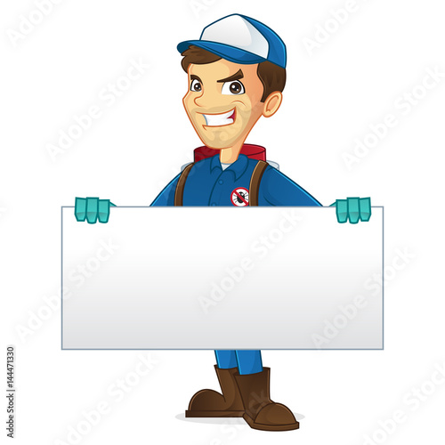 Exterminator holding blank sign